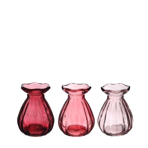 Vase Fleur klar farbig<br>Ø7 h.9 cm pink<br>3fach sortiert<br>
