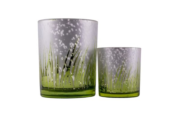 Windlicht 7,3 x 8 Gras<br>grün/silber Glas<br>